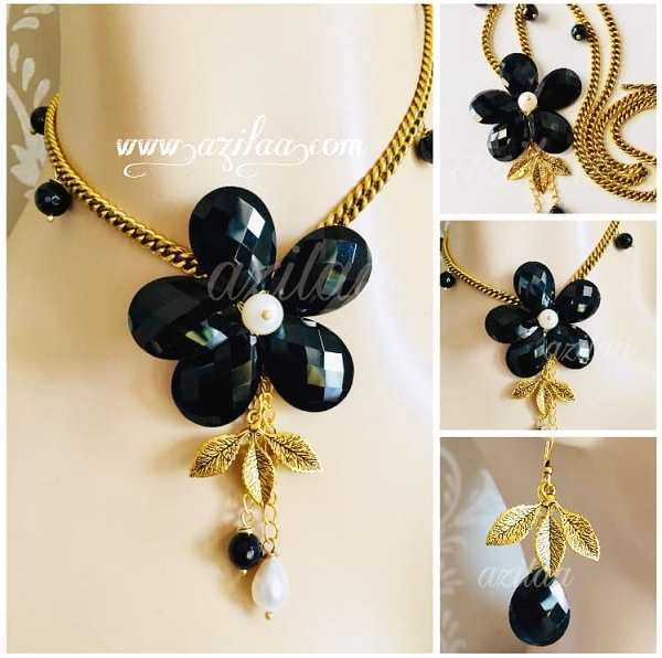 Black Onyx flower pearl gemstone handmade chain necklace set