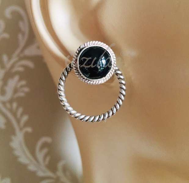 Black Onyx gemstone circle post sterling silver handmade earrings