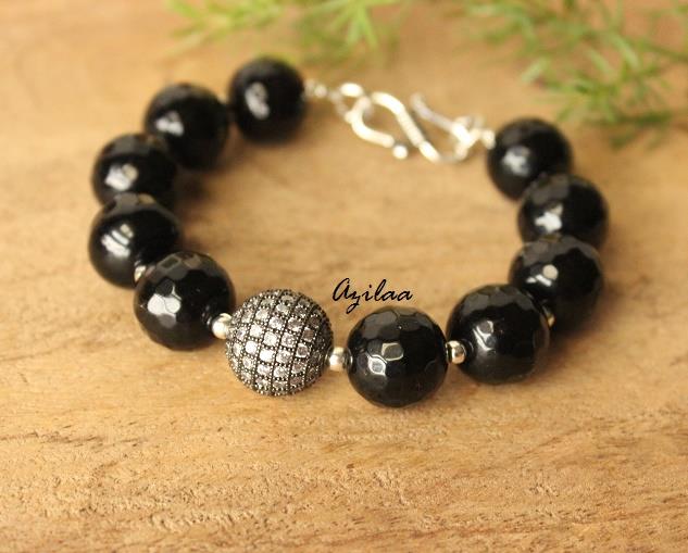 Black Onyx gemstone cz beaded handmade silver bracelet