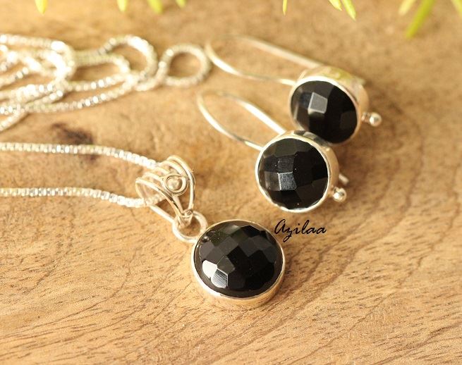 Black Onyx gemstone sterling silver pendant earrings handmade