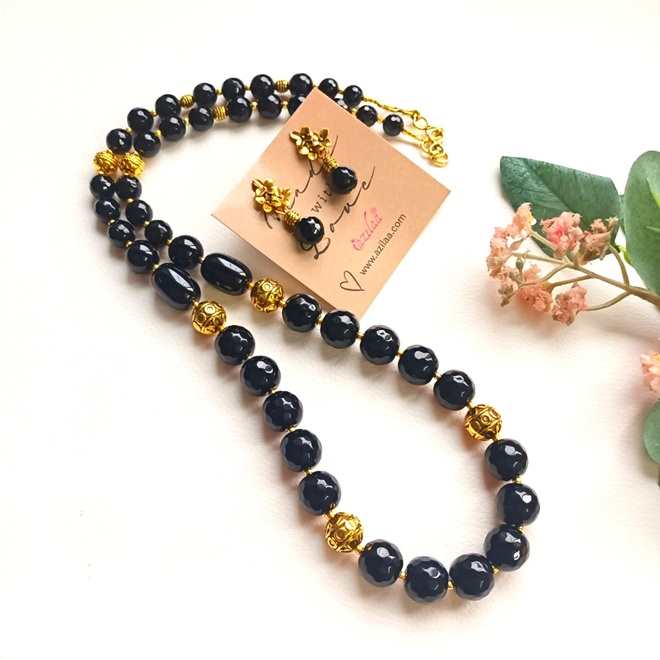 Black Onyx long gemstone antique golden necklace set