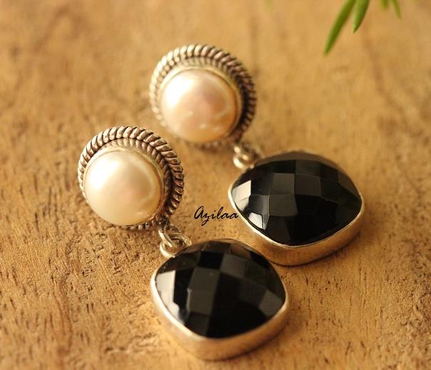 Black Onyx pearl gemstone sterling silver handmade earrings