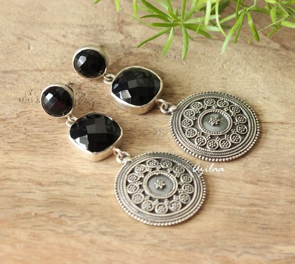 Black Onyx silver artisan ethnic earrings, Designer earrings