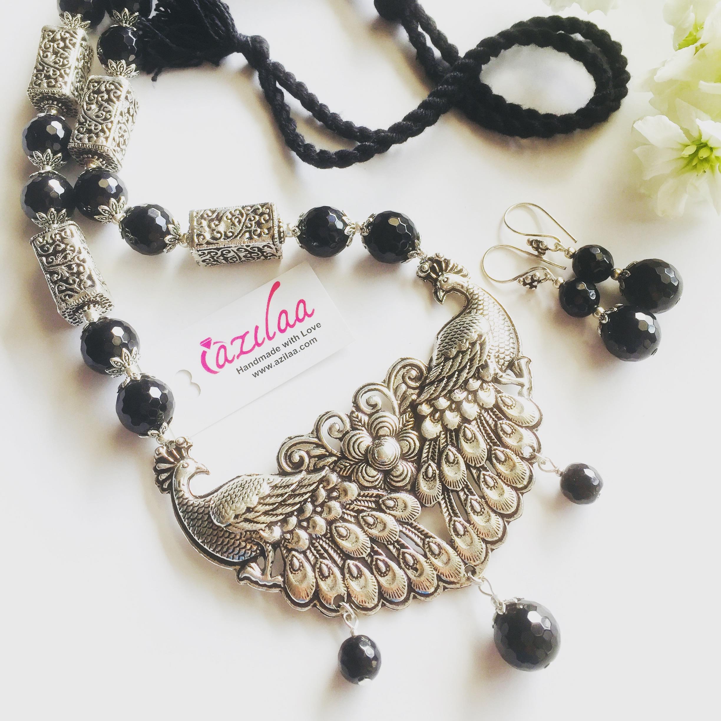 Black Peacock Statement handmade necklace set