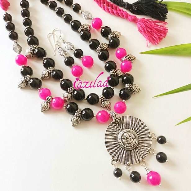 Ganesha Black Pink onyx gemstone necklace earrings set