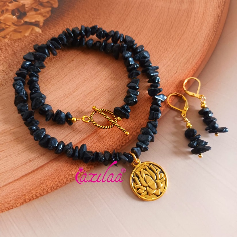 Black Tourmaline dainty crystal gemstone lotus necklace set
