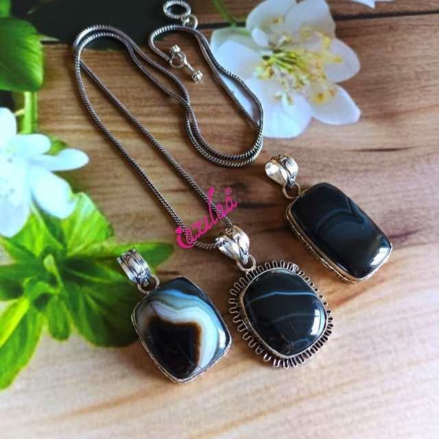 Black agate gemstone pendant chain 