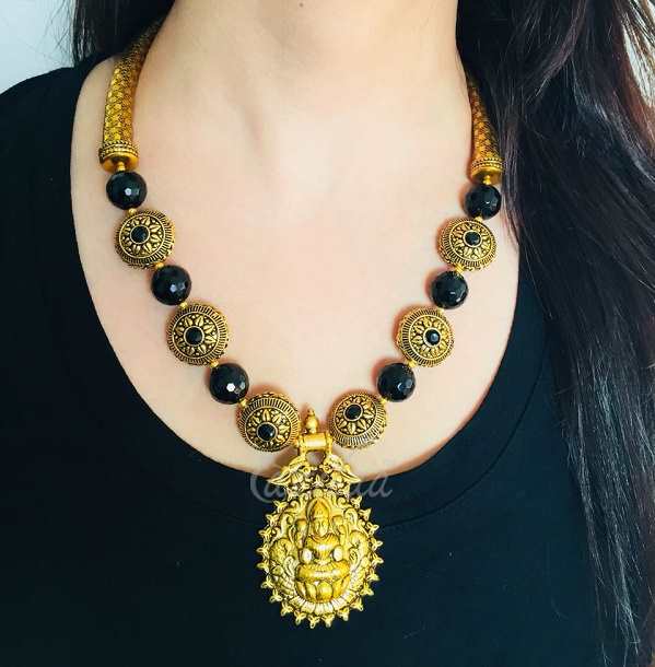 Godess Laxmi Black antique Gold Statement handmade necklace set