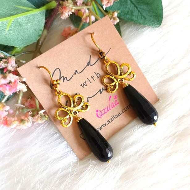 Black dangler gemstone chandelier golden earrings
