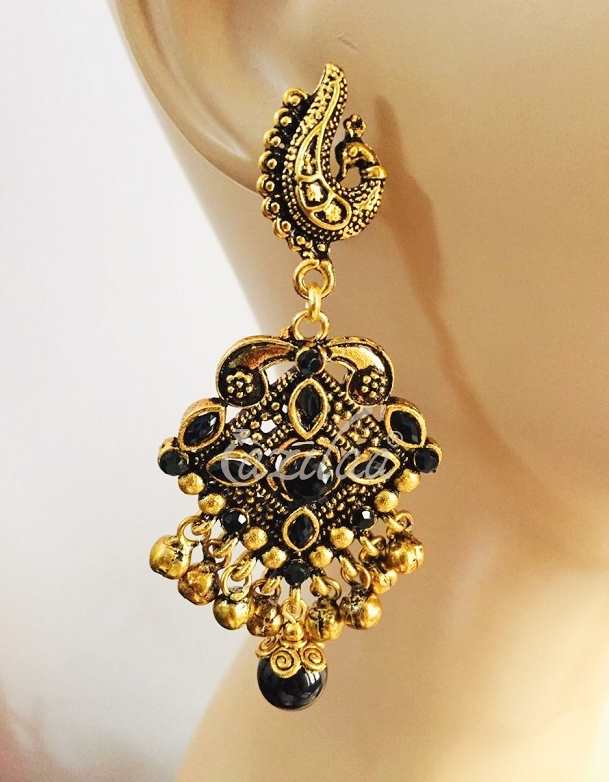  Peacock  Black gemstone antique gold tone necklace earrings set