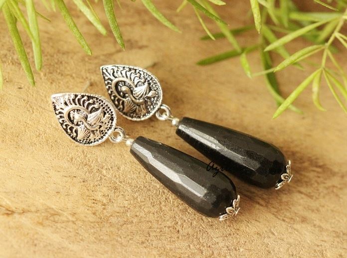 Black gemstone silver plated post earrings