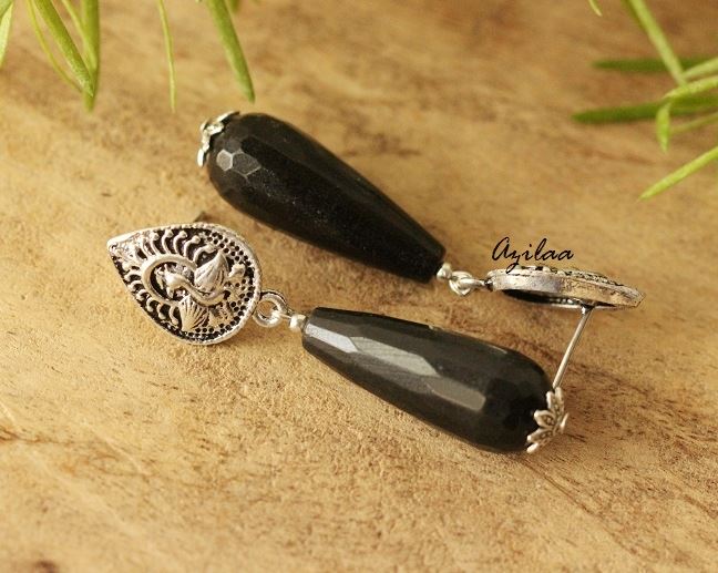 Black gemstone silver plated post earrings