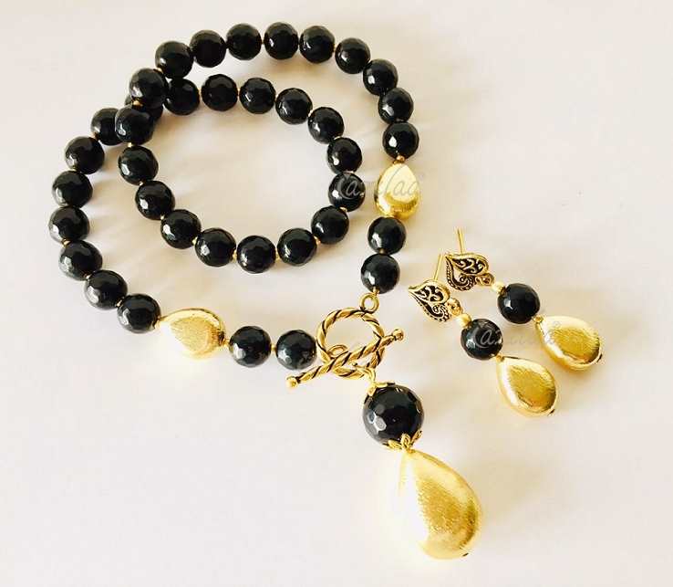 Black necklace earrings Antique gold necklace set