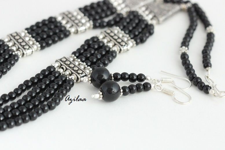 Black necklace earrings silver beaded necklace earring set