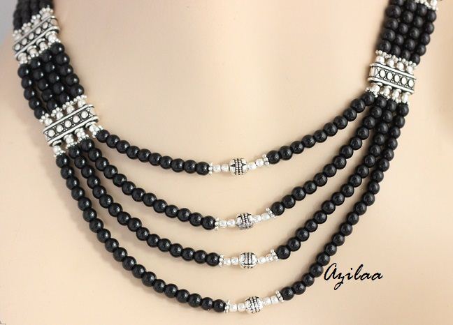 Black necklace earrings silver beaded necklace earring set