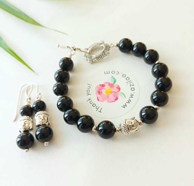 Black onyx Buddha charm beaded bracelet earrings set