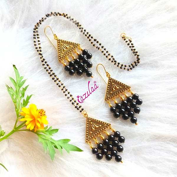 Black onyx gemstone golden Mangalsutra earrings set