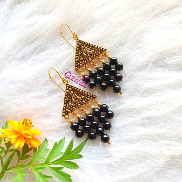 Black onyx gemstone golden Mangalsutra earrings set