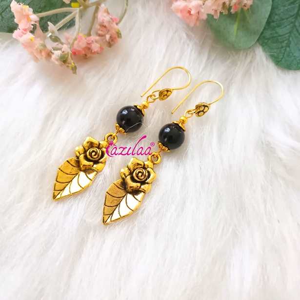 Black onyx  gemstone golden rose charm earrings