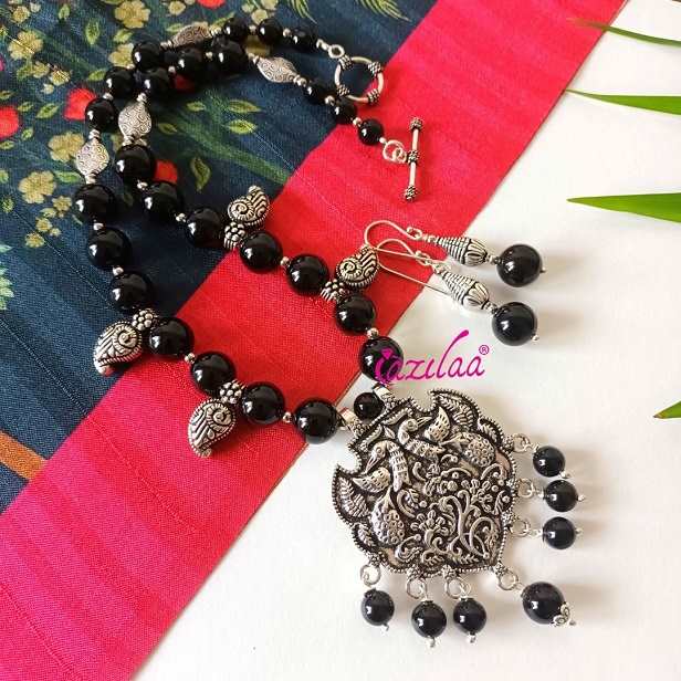  Black onyx gemstone necklace earrings set