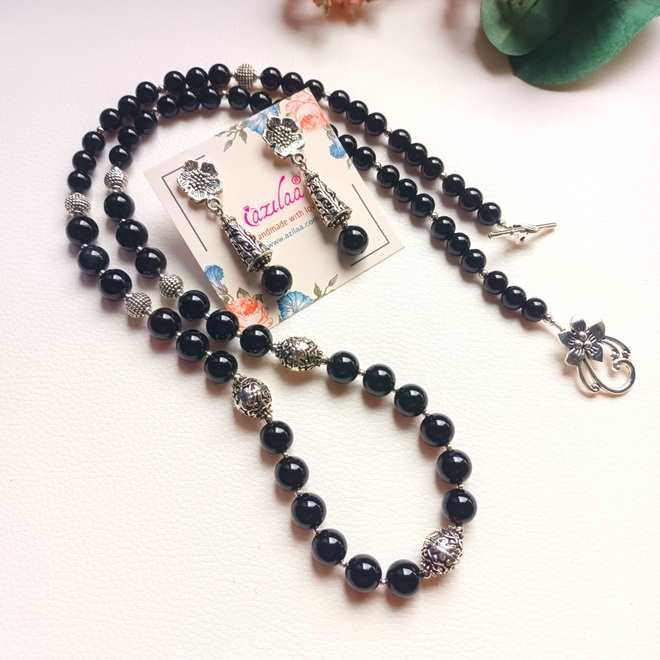 Black onyx long gemstone beaded handmade necklace set