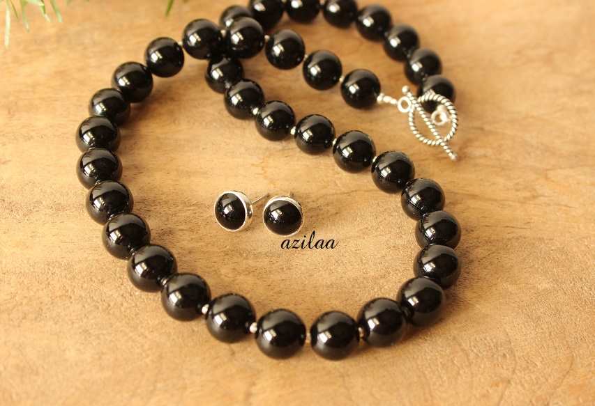  Black onyx necklace set, Gemstone post earrings 