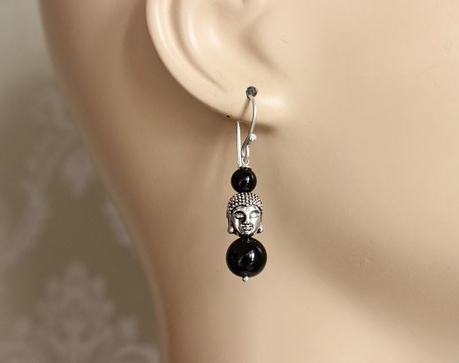 Black onyx Buddha silver gemstone handmade earrings