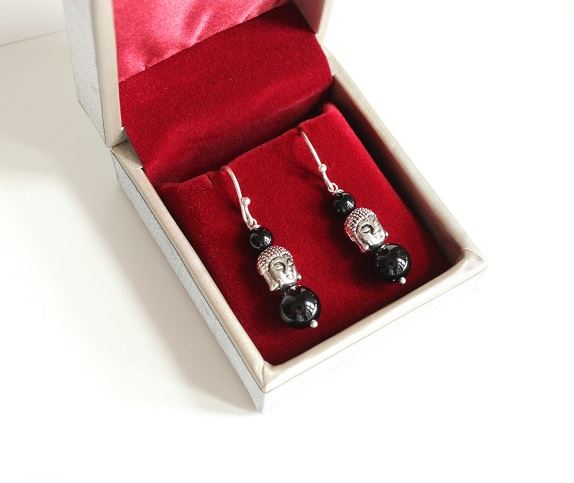 Black onyx Buddha silver gemstone handmade earrings