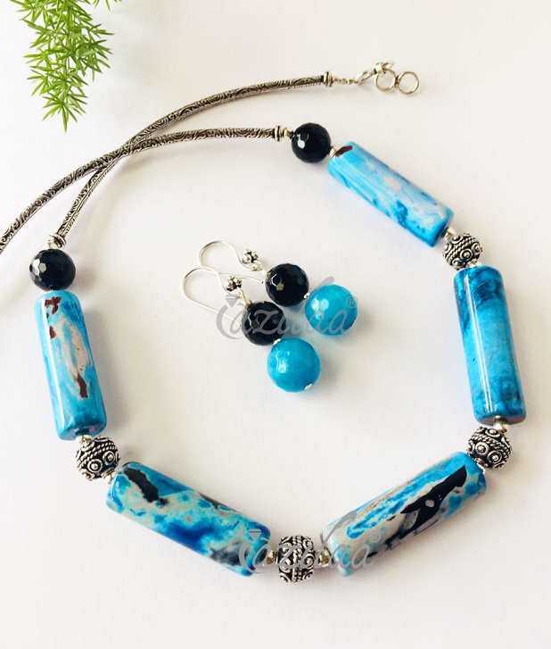 Blue Agate boho antique silver tone choker necklace set