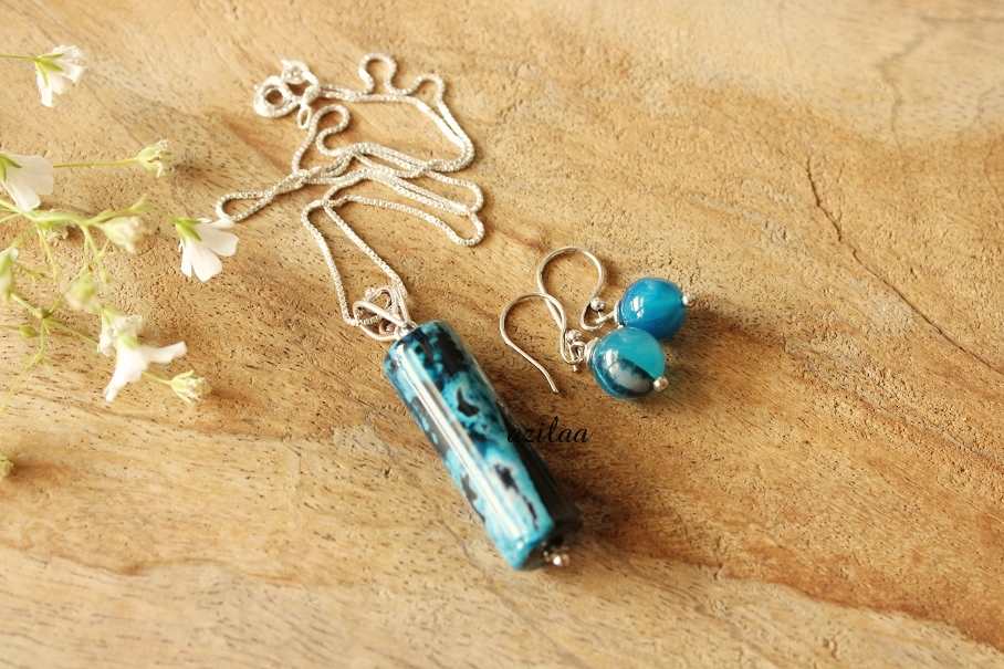 Blue Agate sterling silver GEMSTONE pendant necklace earrings set