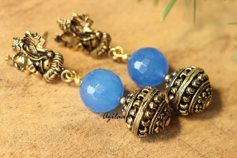 Blue Antique Gold tone Ganesha handmade earrings