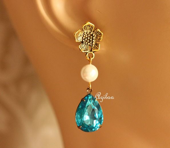 Blue Antique Gold tone crystal glass handmade earrings