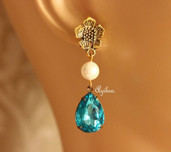 Blue Antique Gold tone crystal glass handmade earrings