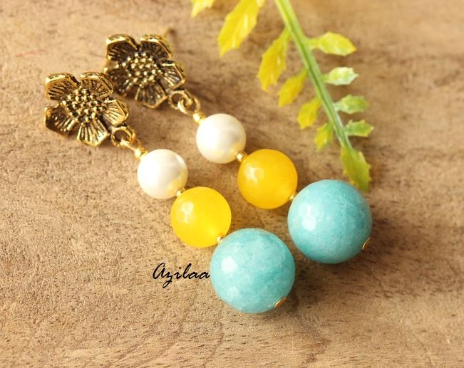 Blue  yellow white Antique Gold tone handmade earrings