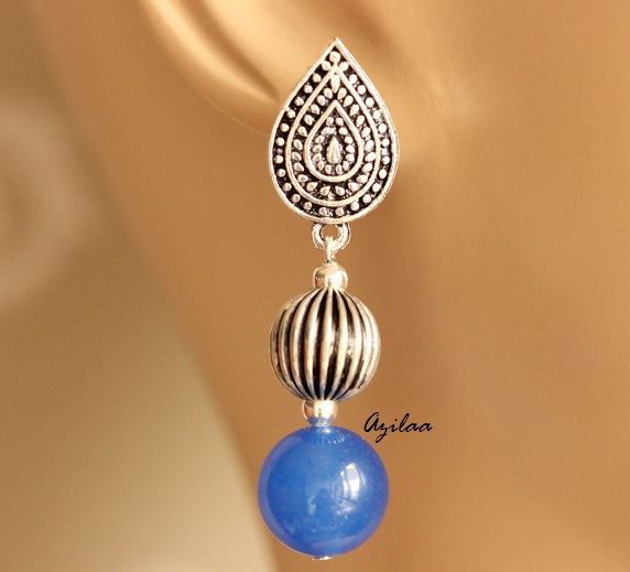 Blue Beaded gemstone silver post earrings