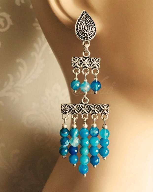 Blue Boho Antique silver gemstone handmade earrings