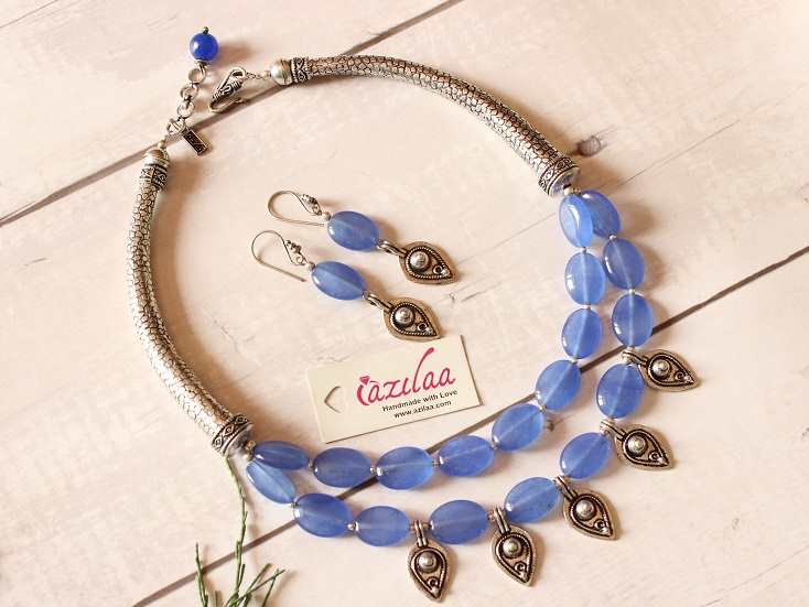 Blue Boho beaded Layered gemstone necklace earrings