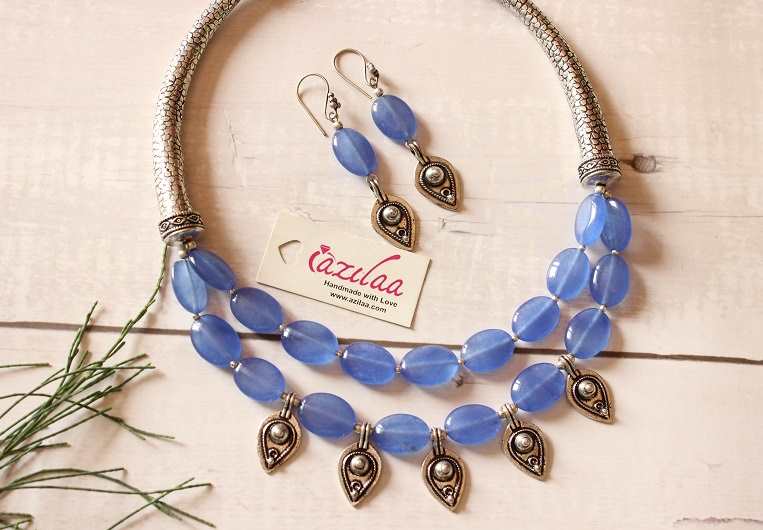 Blue Boho beaded Layered gemstone necklace earrings