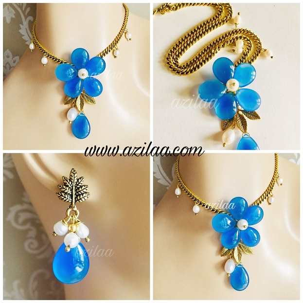 Blue Chalcedony flower pearl gemstone handmade chain necklace set