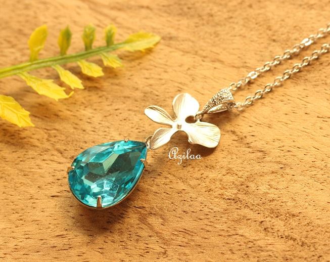 Blue Crystal CZ flower pendant silver necklace