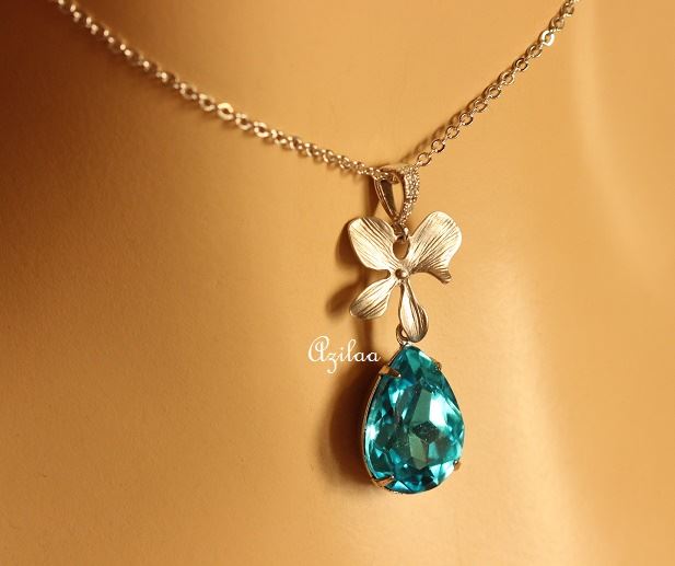 Blue Crystal CZ flower pendant silver necklace