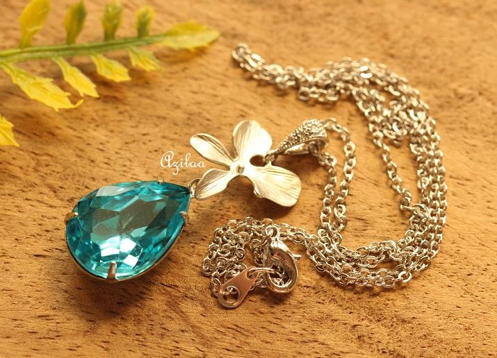 Blue Crystal CZ flower pendant silver necklace