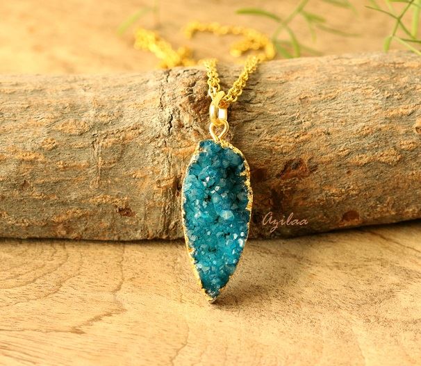 Blue Druzy gemstone gold plated pendant 