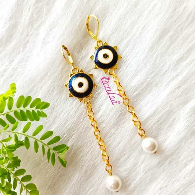 Blue Evil eye golden charm pearl earrings