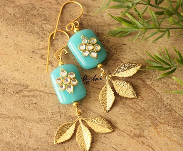 Blue Golden leaf  beaded  gold plated earrings