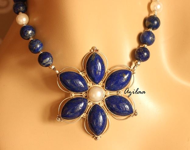 Blue Lapis Pearl gemstone sterling silver Pendant necklace set