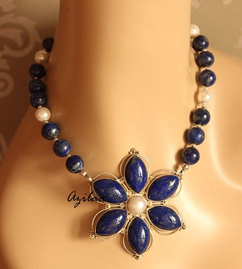 Blue Lapis Pearl gemstone sterling silver Pendant necklace set