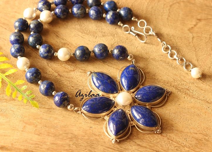 Blue Lapis Pearl gemstone sterling silver Pendant necklace set