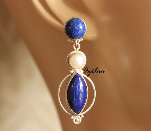 Blue Lapis Pearl gemstone sterling silver Pendant necklace set