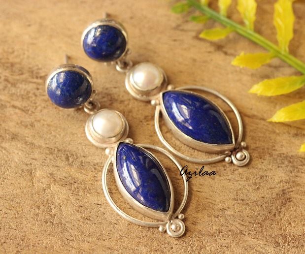 Blue Lapis Pearl gemstone sterling silver Pendant necklace set